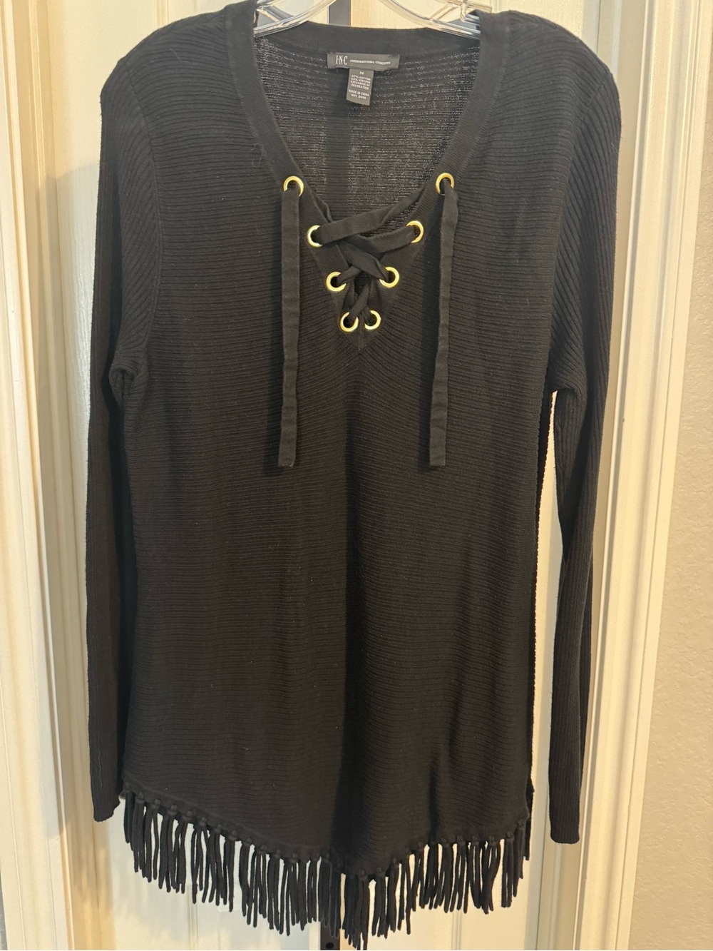 INC International Concepts Black Lace-Up Fringe Knit Tunic 0114